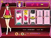 Dancing Model Dressup online game screenshot, showing spinning fashion item wheels and a model