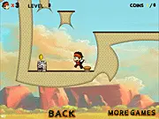 Screenshot of Stan The Man 2 showing the character, Stan, a small man with a big smile, jumping over a small gap towards a cluster of glittering gold coins in a cartoon village setting.