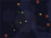 Swarm Blast free online arcade shooter game screenshot showing a player's ship surrounded by various geometric shapes that are expanding and multiplying.