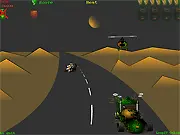 Screenshot of Benzine Race game showing an armored car shooting at an incoming tank and a helicopter on a highway road