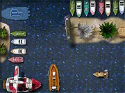 The Boat Parking game screen showing a small blue and white speedboat navigating slowly through clear water towards a designated parking spot between other boats.
