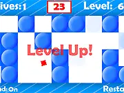 Squares Escape free online game screenshot, a small red square dodging multiple blue circles on a white background on PlayArcadeHub