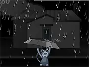 LePussé du game screen showing a small, black cat sitting silently under a steady, digitally rendered rain shower.