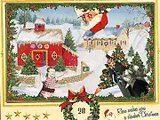 Screenshot of Xmas Card Shoot em Up showing a shooting target reticle aimed at funny animated Christmas card characters like snowmen and elves.