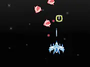 Screenshot of Starius game showing a small player spaceship firing powerful lasers at multiple enemy alien ships in a dark space environment.