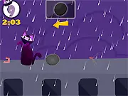 LePussé in Paris game screenshot, a heroic cat character standing in front of the Eiffel Tower battling colorful monsters