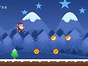 Screenshot of Santa Claus Runner game showing Santa running across a snowy, festive landscape collecting golden coins and jumping over obstacles.