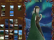 Huldrefolk Maker free online dress up game screenshot showing a customized fantasy character, possibly a Huldra or Skogsrå, in an elaborate outfit.
