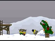 A long line of Vikings running away from a giant worm attack in the free online arcade game Viking Rescue