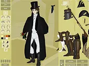 The Regency Hero Dress Up Doll game interface showing a handsome gentleman character being dressed in a detailed, historically accurate waistcoat, cravat, and coat.
