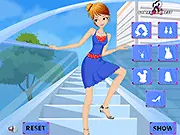 Elevator Girl Dress Up free game screenshot showing a stylish girl in a professional uniform waiting inside a building elevator