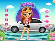 Play Auto Show Girl Dress Up free online game, model wearing a glamorous outfit next to a car, fashion and styling game
