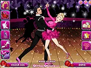 Screenshot of the free online Ballroom Dance Dress-Up game showing a stylish couple in coordinated, glittering ballroom performance outfits on a polished wooden dance floor.