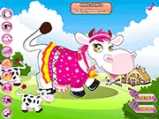 Farm Cow Dress Up free online game screenshot featuring an adorable cow wearing a stylish hat and accessories on PlayArcadeHub