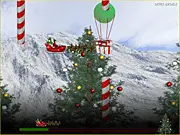 Santa is Coming free online Christmas game screenshot showing Santa Claus flying over snowy rooftops at night with presents.
