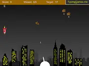 Screenshot of City Sky Typing free online game showing asteroids and rockets falling toward a city skyline with letters on them