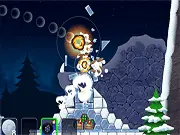 The Crazy Christmas game screen, Santa Claus firing a large snowball at an elf fortress built of ice and snow