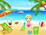 The Baby Beach Vacation Dress Up game screen showing a cute cartoon baby wearing a swimsuit and sunhat, with options for beach-themed clothing and accessories around them.