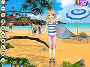 Screenshot of Summer Sports Dressup free online fashion game showing a girl in sporty summer clothes with beach and sports items