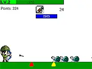 Screenshot of Hunter Story showing a warrior character aiming a bow and arrow at incoming cartoon-style enemies in a forest setting.