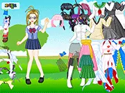 Screenshot of Nice Uniform Dressup game showing a girl with a selection of cute school uniforms, shirts, skirts, and accessories to choose from in the online fashion game.