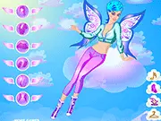 Screenshot of the Funky Angel Dressup game showing a stylish angel character with large, unique wings and brightly colored, modern clothing