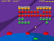 Cartoon Invaders free online arcade shooter game screenshot showing a spaceship shooting at descending alien enemies.