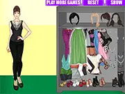 Screenshot of Kimberly Dressup game showing the character Kimberly dressed in a sparkly outfit and high heels ready for a nightclub party