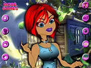 Screenshot of Purple Emo Dressup game showing the character Emily with emo-style purple-streaked hair, dark makeup, and various layered clothing options to choose from in the online fashion game.