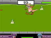 Screenshot of Jimmy the Rat in Sewer Surf, showing a cartoon rat riding a brown log in a sewer pipe, narrowly dodging a floating bomb.