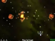 Hallows Revenge free online space shooter game, featuring a spaceship defending Earth against Halloween-themed alien invaders.