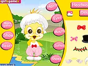An adorable chick wearing a cute raincoat and rain boots, ready for a party in the free online animal dress-up game