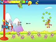 Cow Protector free online arcade game. A hero defending an innocent cow from alien flying saucers and invaders on a farm.
