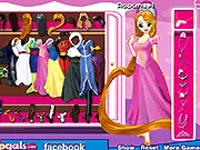 Screenshot of the Super Star Costumes dress-up game, featuring a character posing in a glamorous, sparkling gown with elegant jewelry and a celebrity-style hairstyle.