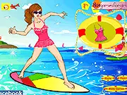 Screenshot of the fashion game Cool Surfer Dress Up showing a young girl posing on a beach with a surfboard, wearing a colorful bikini and stylish sunglasses.