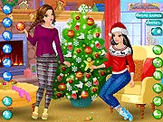 Screenshot of Tree Decoration Dressup game showing two friends dressing up next to a beautifully decorated Christmas tree, which is either green or pink.