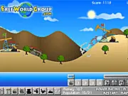 Gameplay screenshot from The Battle showing two opposing fortresses and armies fighting over a central oil well in a 2D strategy game.