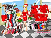 Screenshot of Christmas Shopping Dressup game showing a stylishly dressed girl holding a shopping bag against a festive mall background.