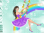 Screenshot of a character in the 'Swinging on a Rainbow' dress up game, wearing a beautiful, flowing dress with a rainbow in the background.
