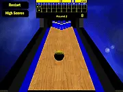 Screenshot of Bowlec 3D game showing a bowling ball traveling down a polished lane toward a rack of ten pins.