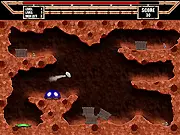 Screenshot of Thrust 3 game showing a small triangle-shaped spacecraft flying inside a narrow, dark cave with glowing energy orbs.