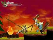 Cartoon screenshot of a hero character fighting an orc or fantasy monster in the 2D sidescrolling action game Kenora Village.