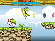 Screenshot from the 2D platformer Gecko Punk showing a small green gecko character jumping over an enemy creature to collect a cluster of sparkling gems.
