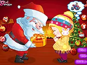 Screenshot of the Santa's Kid dress up game showing a character wearing a festive Christmas outfit and standing next to gifts.