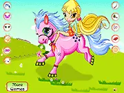 Screenshot of Stella Pony Dressup online game, showing the pony character Stella wearing a custom outfit and accessories with a colorful background
