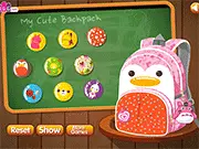 Screenshot of My Cute Backpack Designer game showing a partially customized pink backpack with a cat face, ready for patches and keychains to be added in the free online design game.