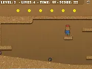 Screenshot of RedCap Puzzle Online showing a small character in a red hat jumping over a gap in a dark, underground sewer tunnel.