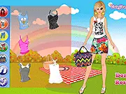 A smiling fashion girl named Kayla wearing a stylish summer dress and holding a picnic basket in the free online Picnic Fun Dress Up game.