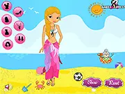 Free online Bikini Girl Dress Up game featuring a stylish girl in a bikini and sunglasses standing on a tropical beach