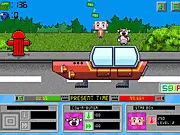 Screenshot of Smash Car Clicker 2 showing a main character jumping on and destroying an oversized car in a space setting.